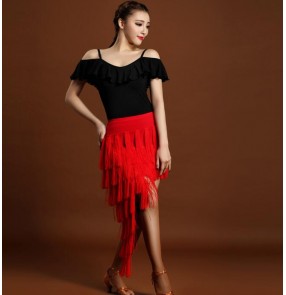 Black red leotard ruffles neck dew shoulder tops fringes skirts women's female competition performance latin dance dresses sets outfits